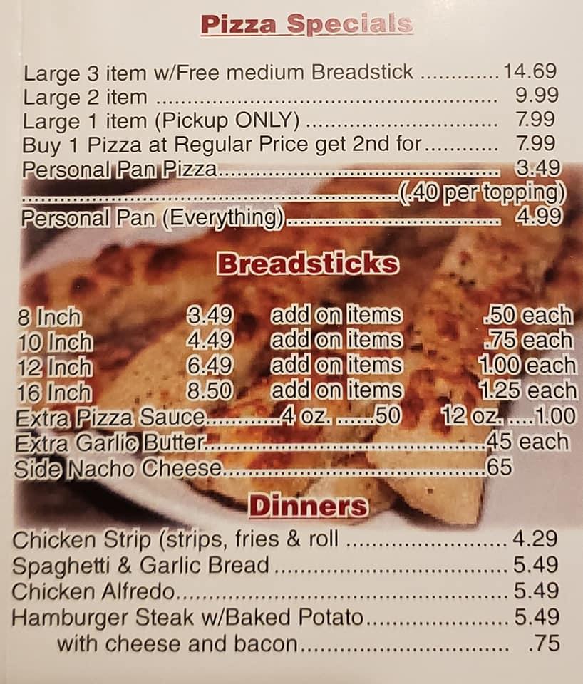 Menu at Tyler's Pizza pizzeria, Olive Hill