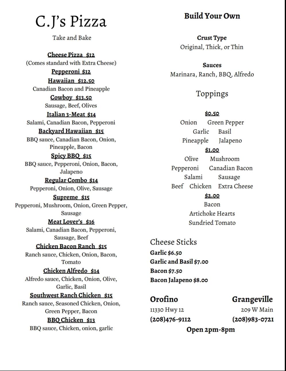 Menu at C.J's Pizza Grangeville pizzeria, Grangeville