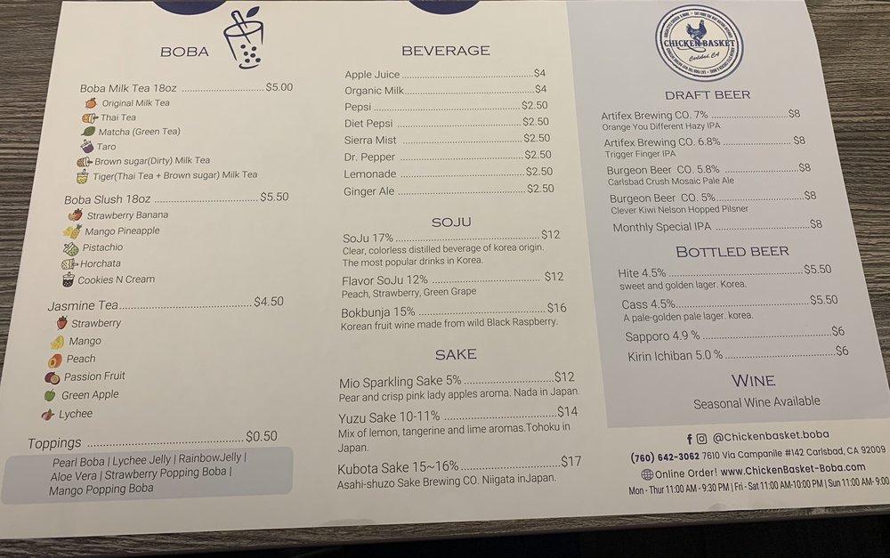 Menu at Chicken Basket & Boba restaurant, Carlsbad