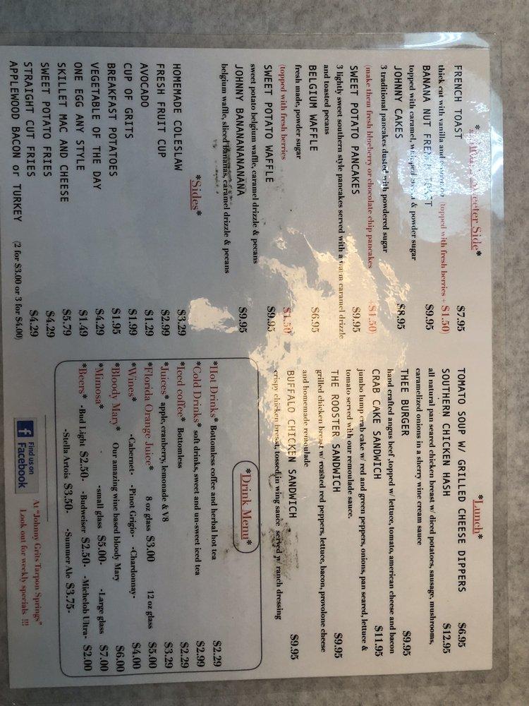 Menu at Johnny Grits restaurant, Tarpon Springs