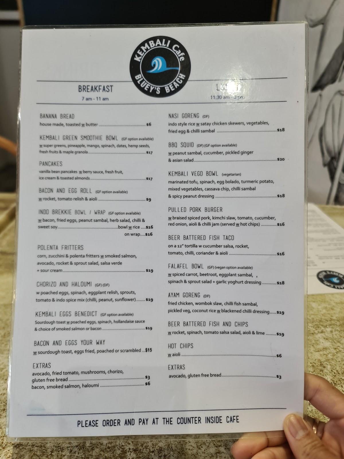 Menu at Kembali Cafe, Blueys Beach