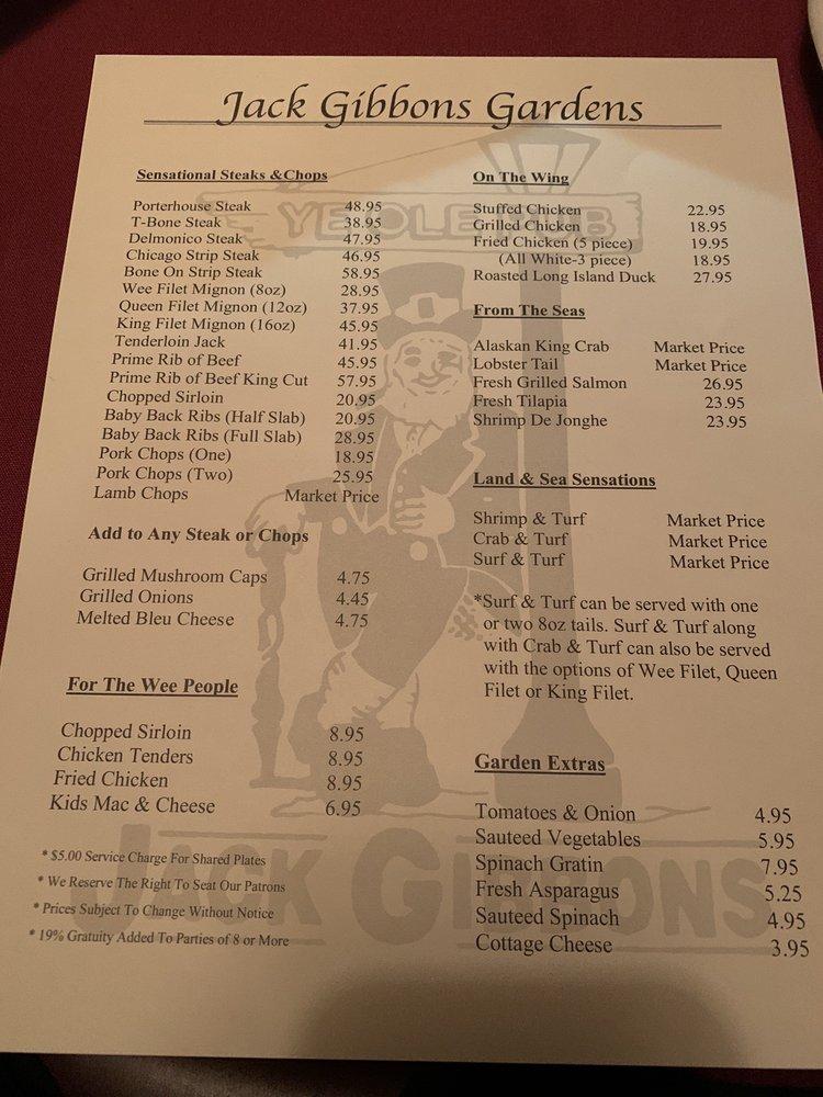 Menu at Jack Gibbons Gardens steakhouse, Oak Forest