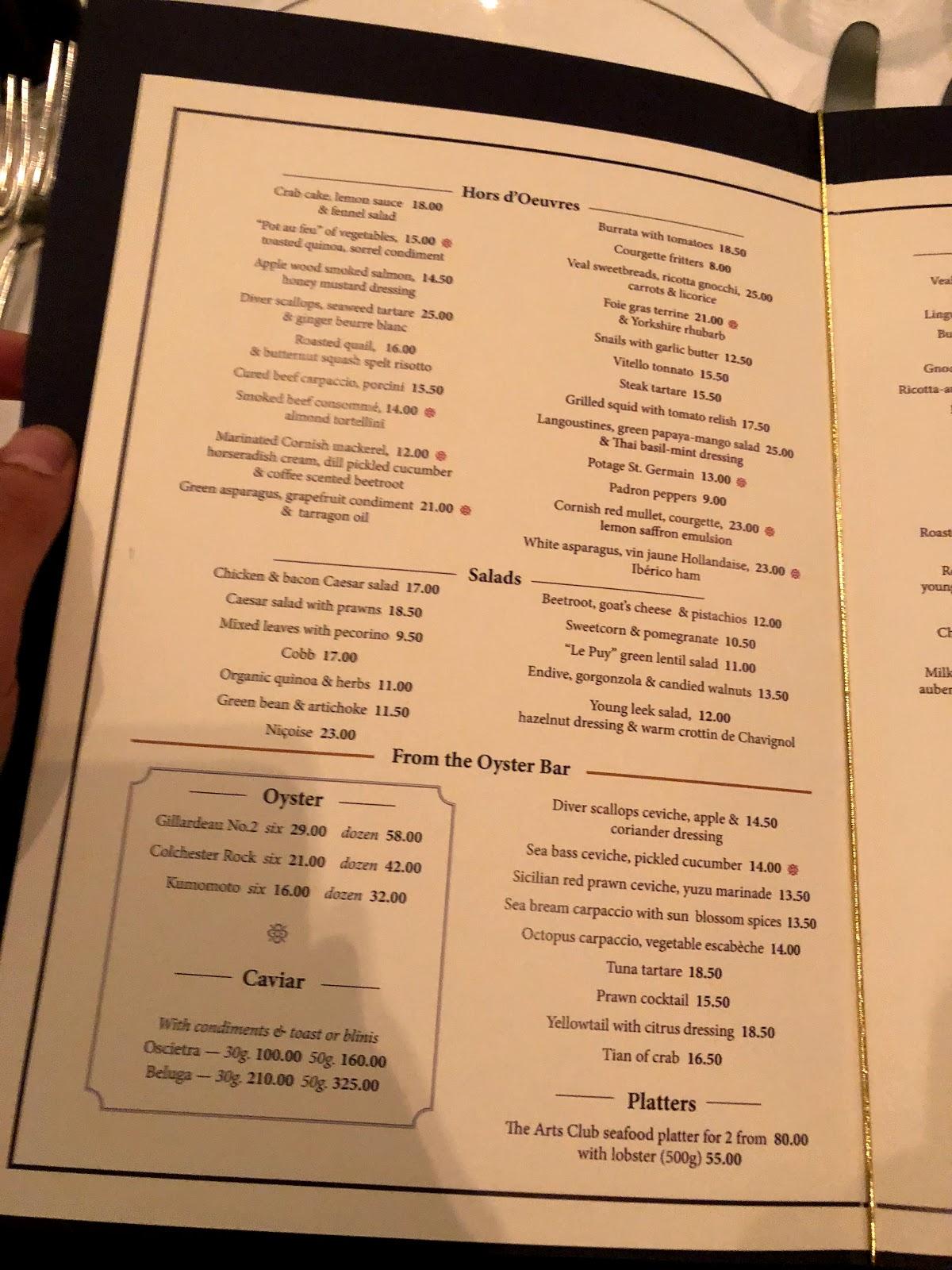 Menu at The Arts Club, London, 40 Dover St