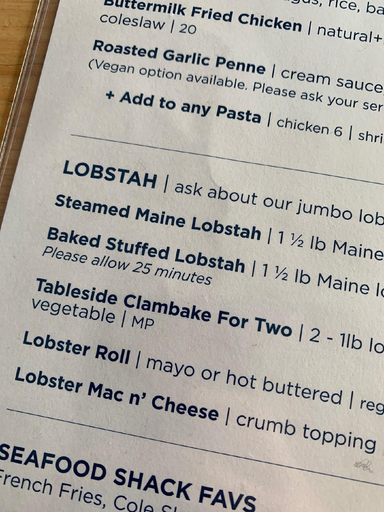 Menu at Robert's Maine Grill restaurant, Kittery