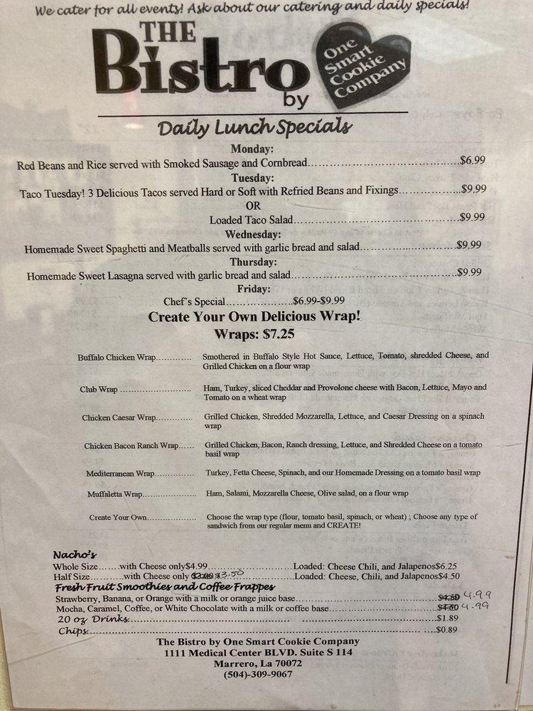 Menu at The Bistro by One Smart Cookie desserts, Marrero, Medical ...