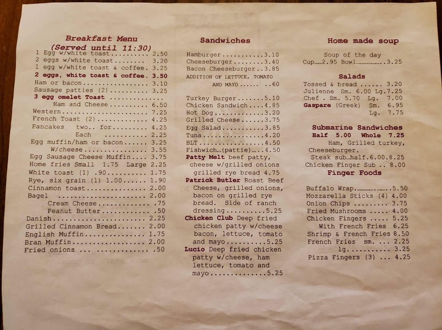 Menu at Pascarella's Restaurant, Cattaraugus