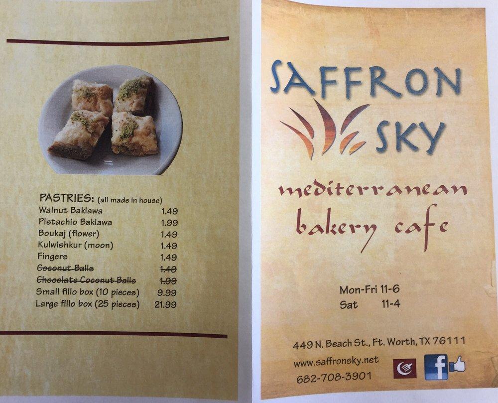 Carta de Saffron Sky Mediterranean Bakery Cafe, Fort Worth, 449 N Beach St