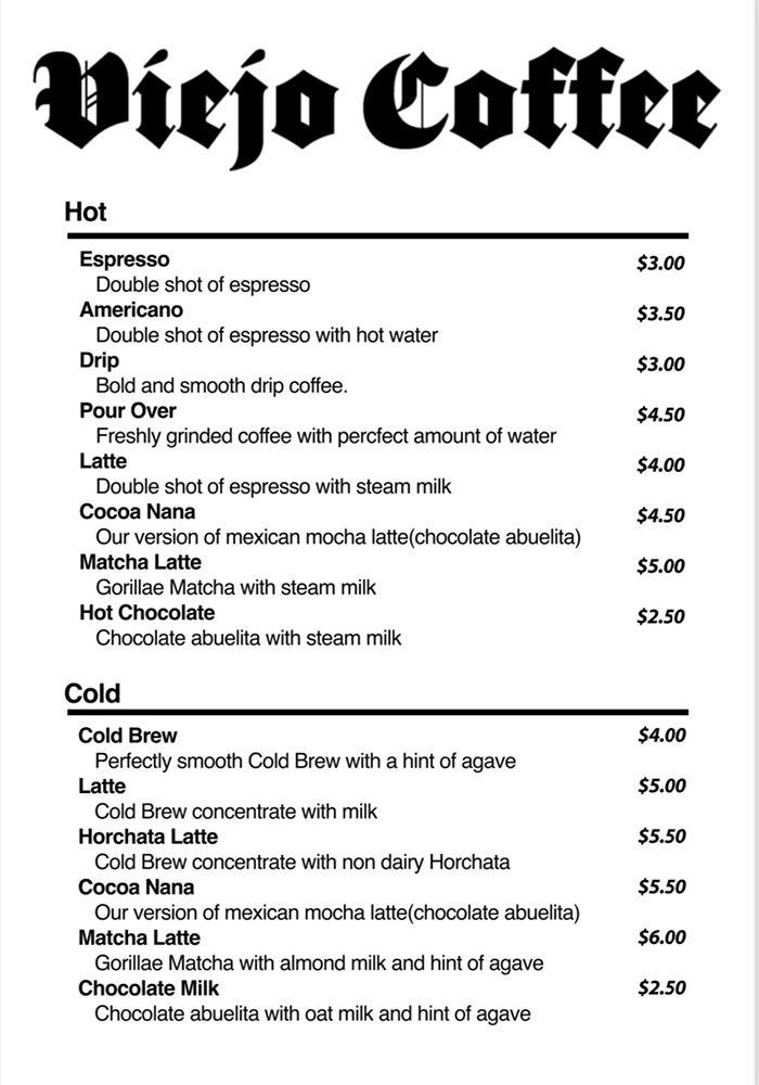 Menu at Viejo Coffee restaurant, El Paso