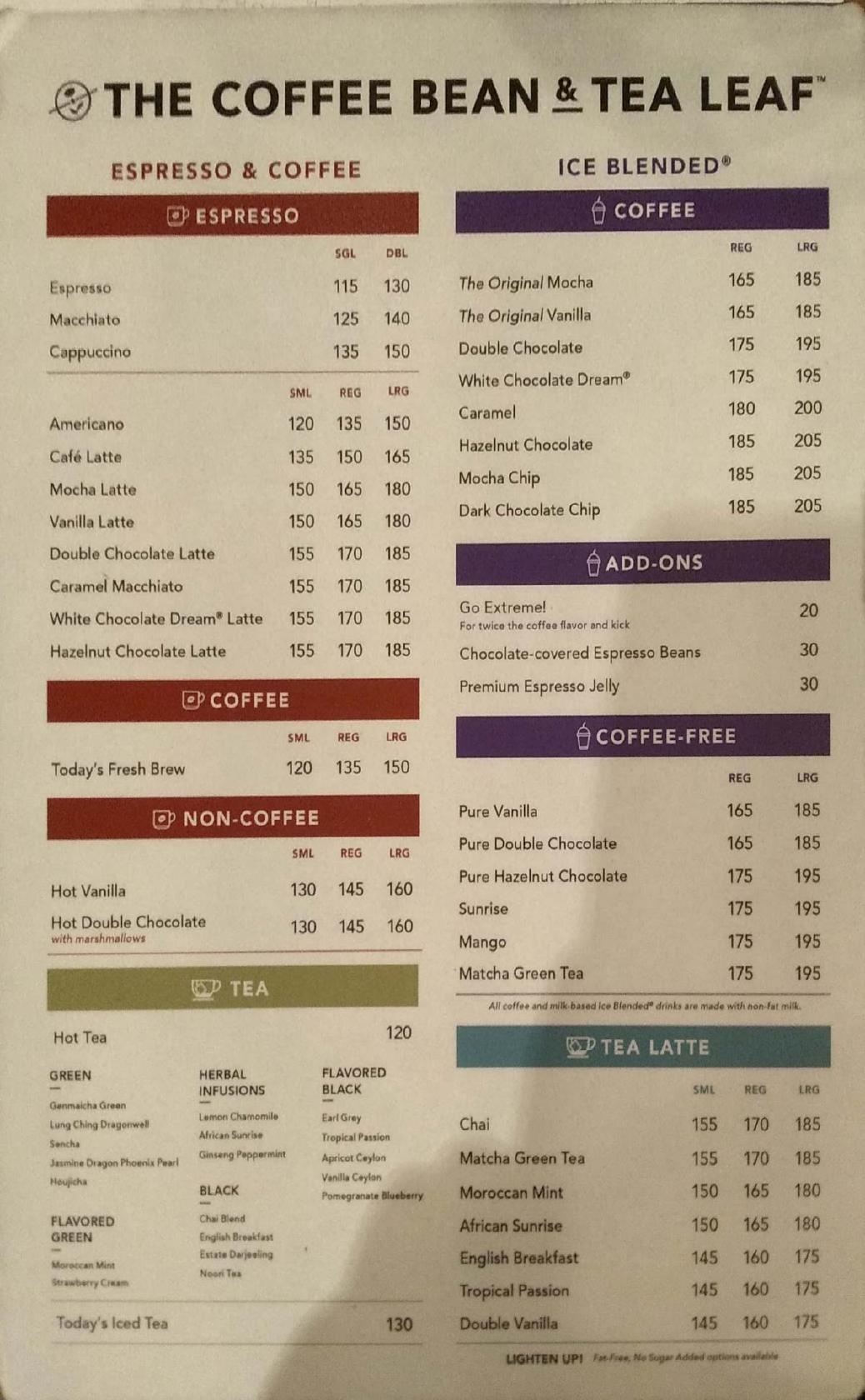 Menu at The Coffee Bean & Tea Leaf cafe, Manila, 812 Recto Ave