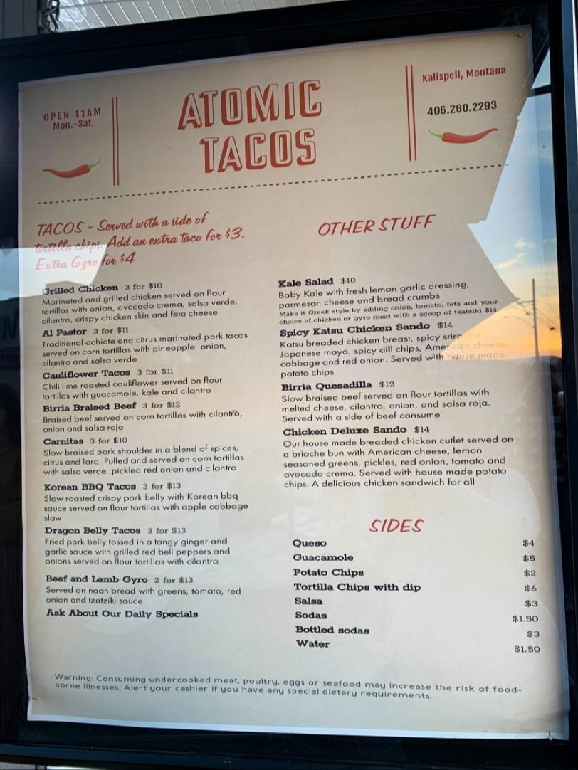 Menu at Atomic Tacos restaurant, Kalispell