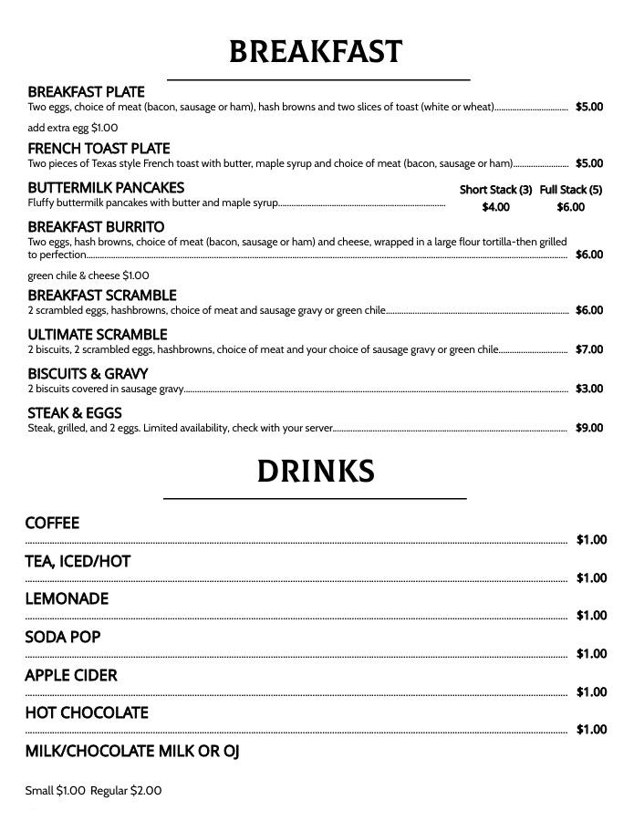 Menu at The Bird City Cafe, Bird City
