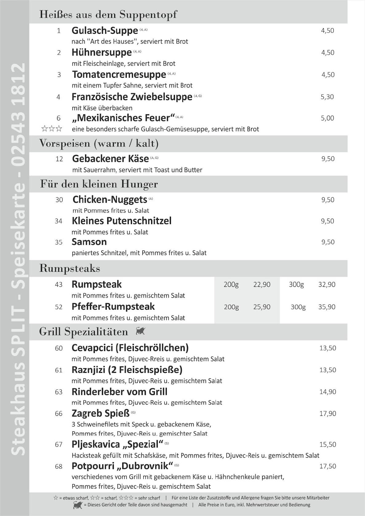 Speisekarte von Restaurant Steakhaus Split, Billerbeck