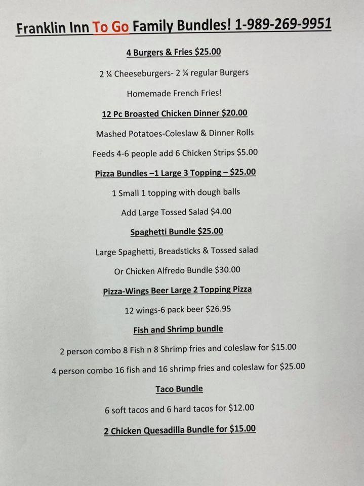 Menu at Franklin Inn & Lounge restaurant, Bad Axe, E Huron Ave