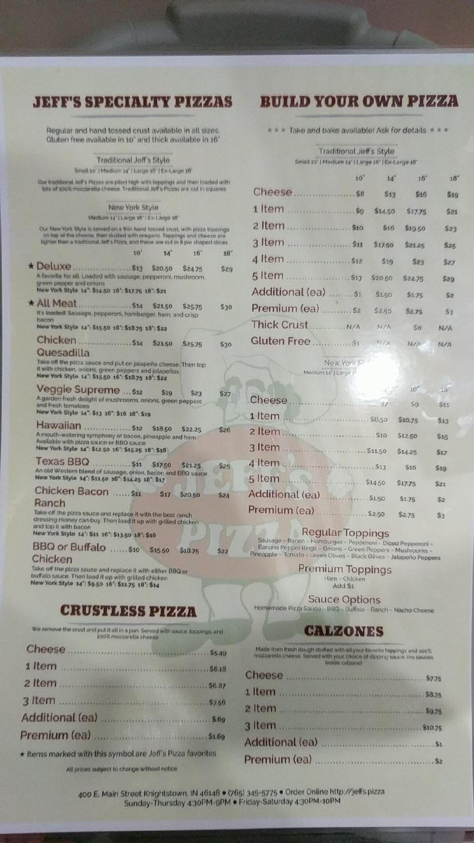 Menu at Jeff's Pizza pizzeria, Knightstown