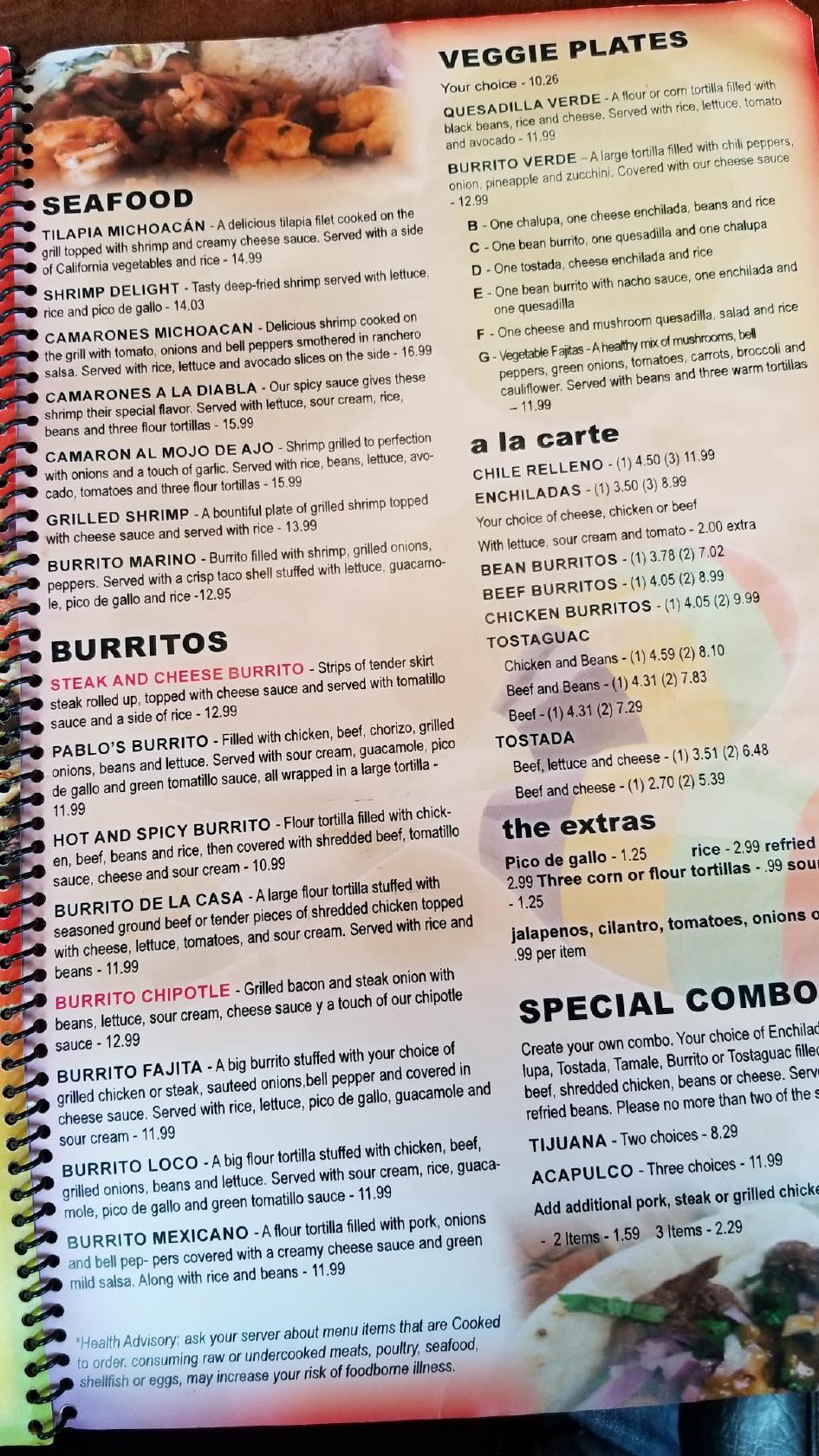 Menu at Las Maracas restaurant, East Jordan