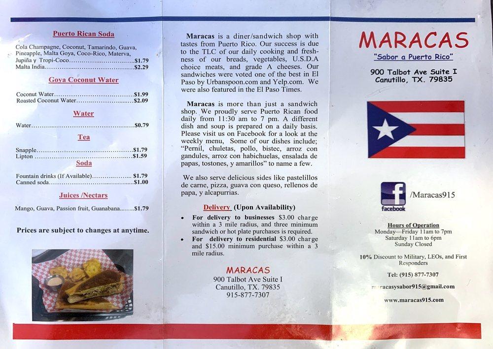 Menu at Maracas y Sabor restaurant, Canutillo