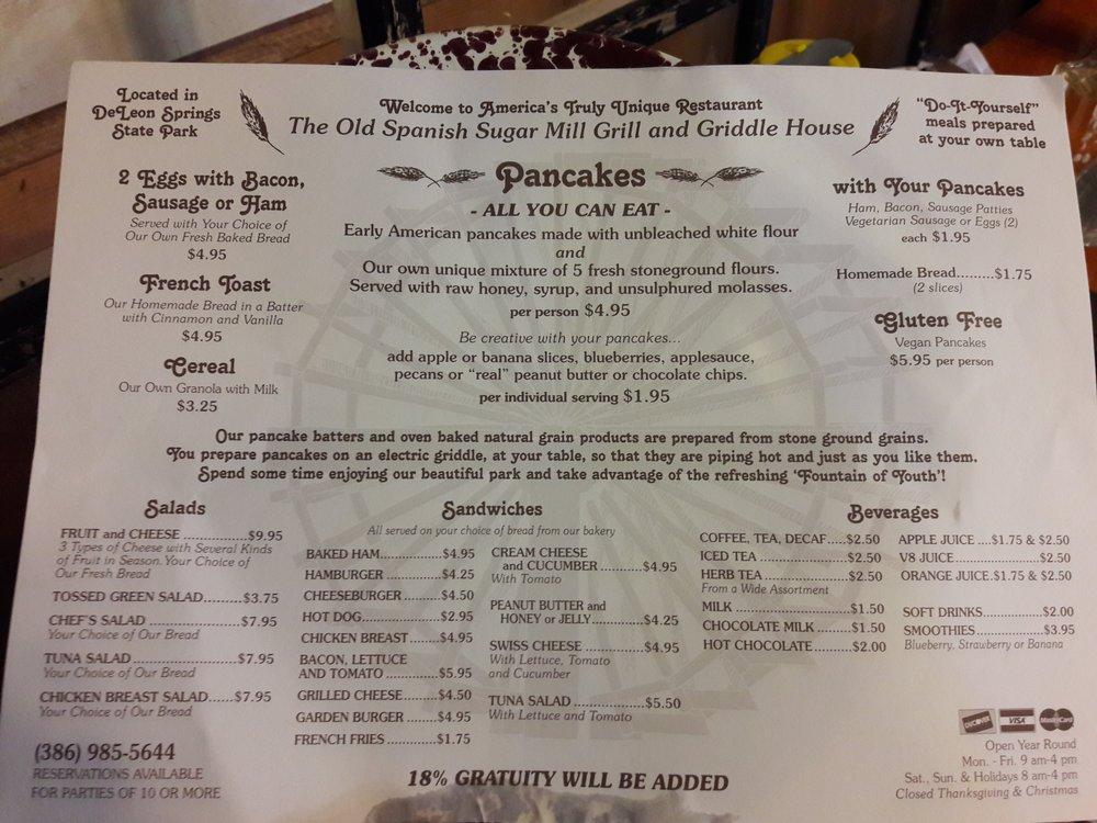 Menu at The Old Spanish Sugar Mill restaurant, De Leon Springs