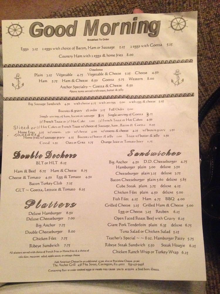 Menu at Anchor Grill restaurant, Covington