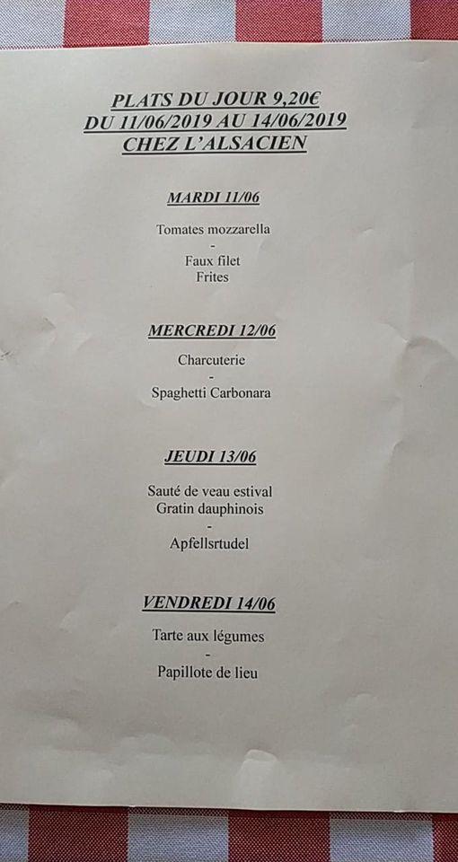 Menu at Chez l'Alsacien restaurant, Lommerange