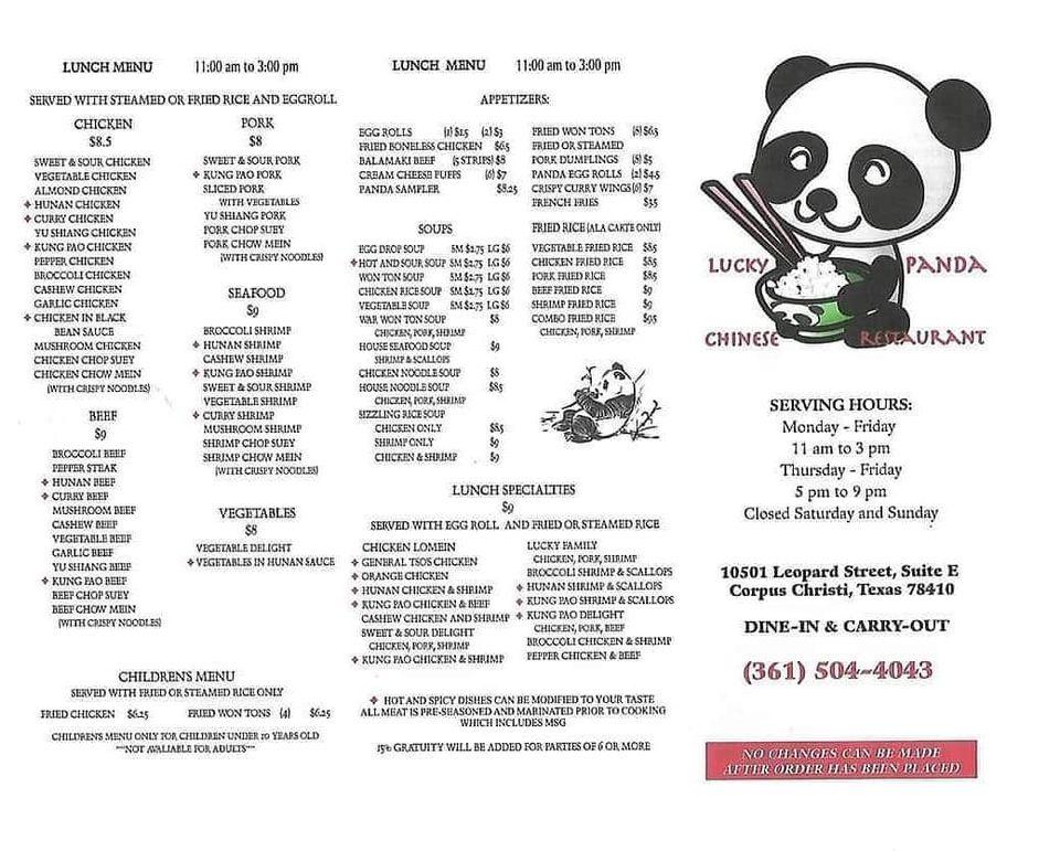 Menu at Lucky Panda restaurant, Corpus Christi, Leopard St