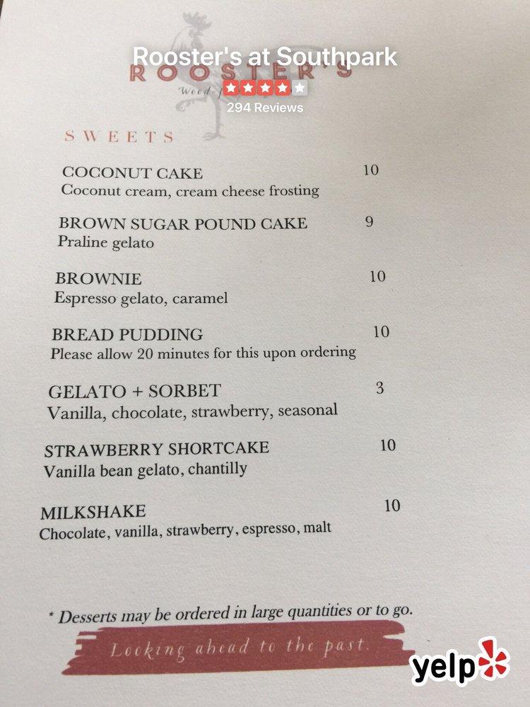 Menu At Rooster's Wood-fired Kitchen - Southpark Restaurant, Charlotte