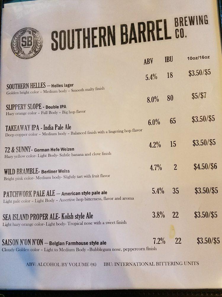 Menu at Southern Barrel Brewing, Bluffton