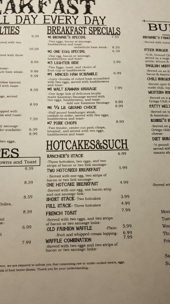 Menu at Brownie's Restaurant, Yuma