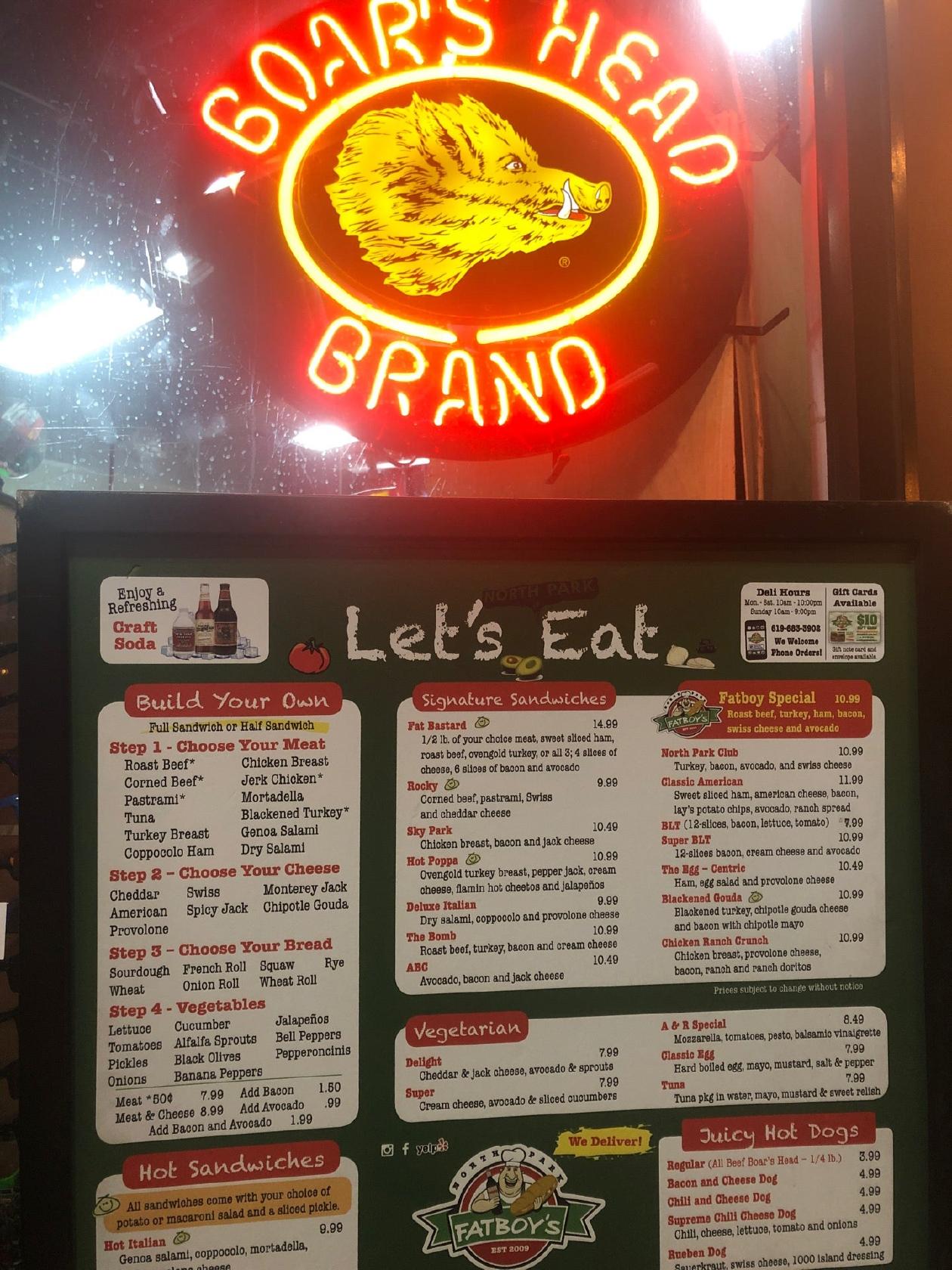 Menu at Fatboy's Deli & Spirits restaurant, San Diego