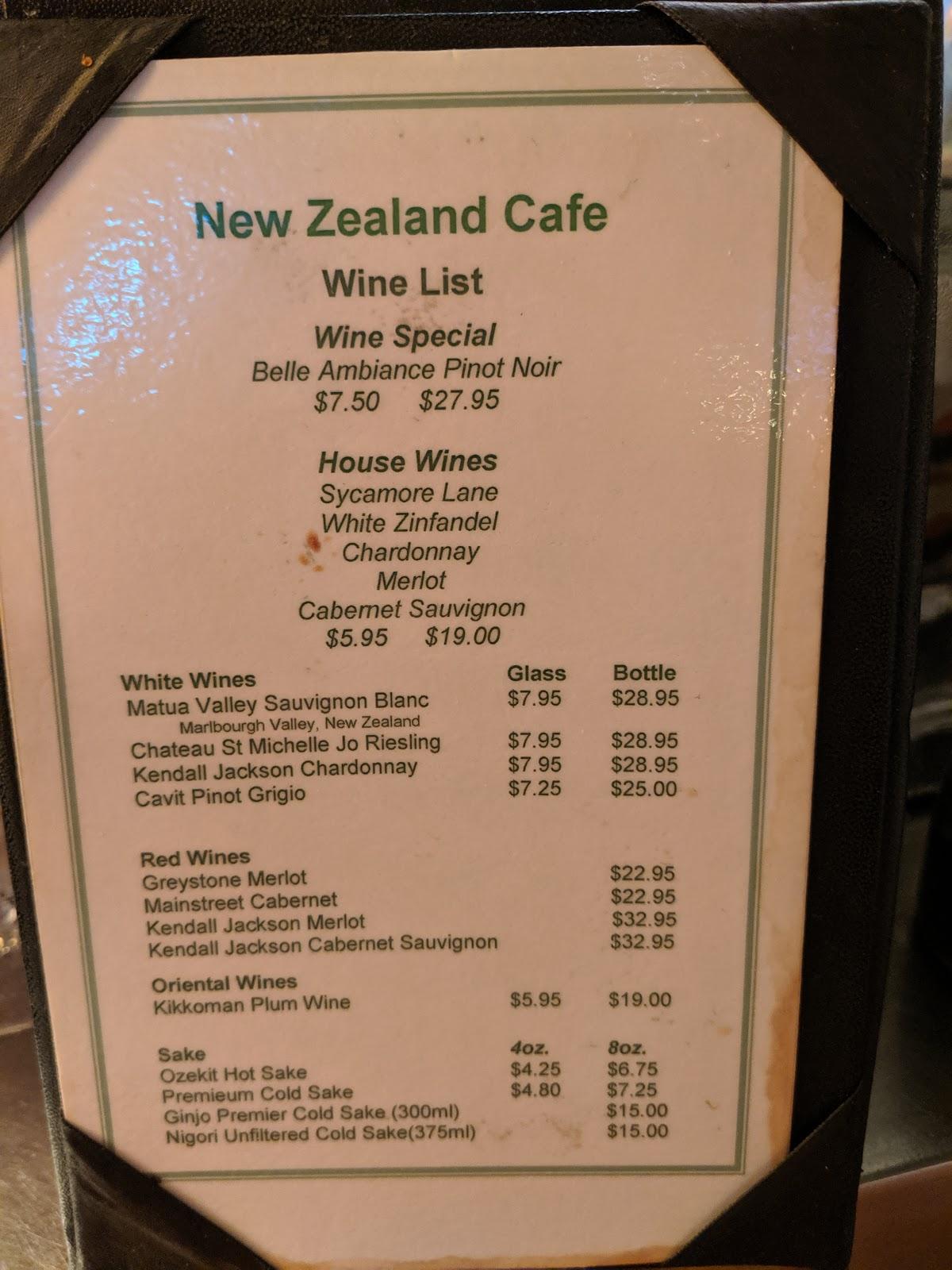 Menu at New Zealand Cafe, Charlotte