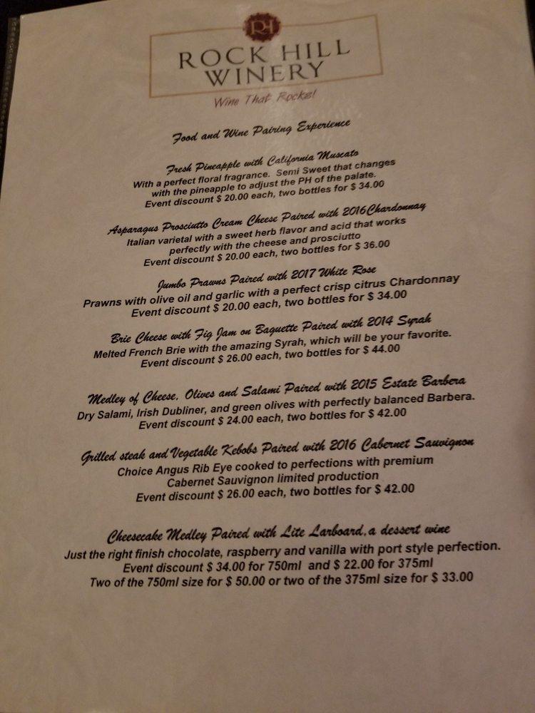 Menu at Rock Hill Winery, Loomis