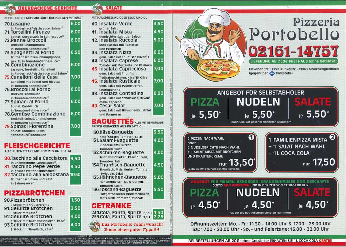 Speisekarte von Pizzeria Portobello Mönchengladbach, Mönchengladbach