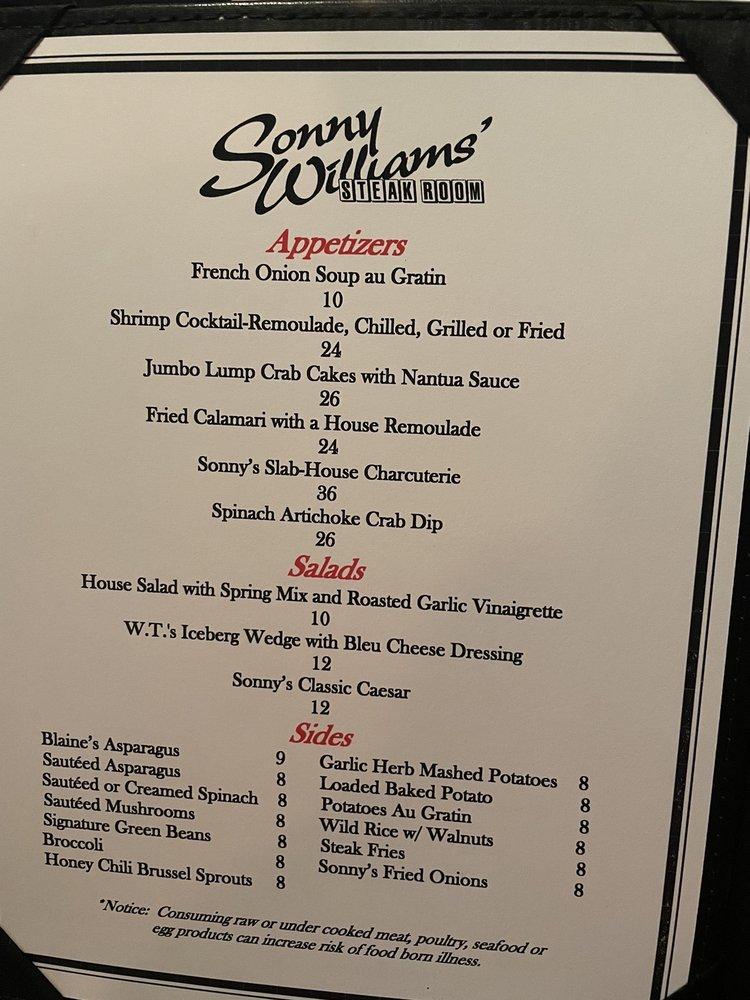 Menu at Sonny Williams' Steak Room steakhouse, Little Rock