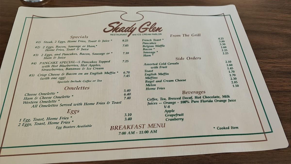 Menu at Shady Glen Restaurant and Ice Cream Parlor, Manchester, 840