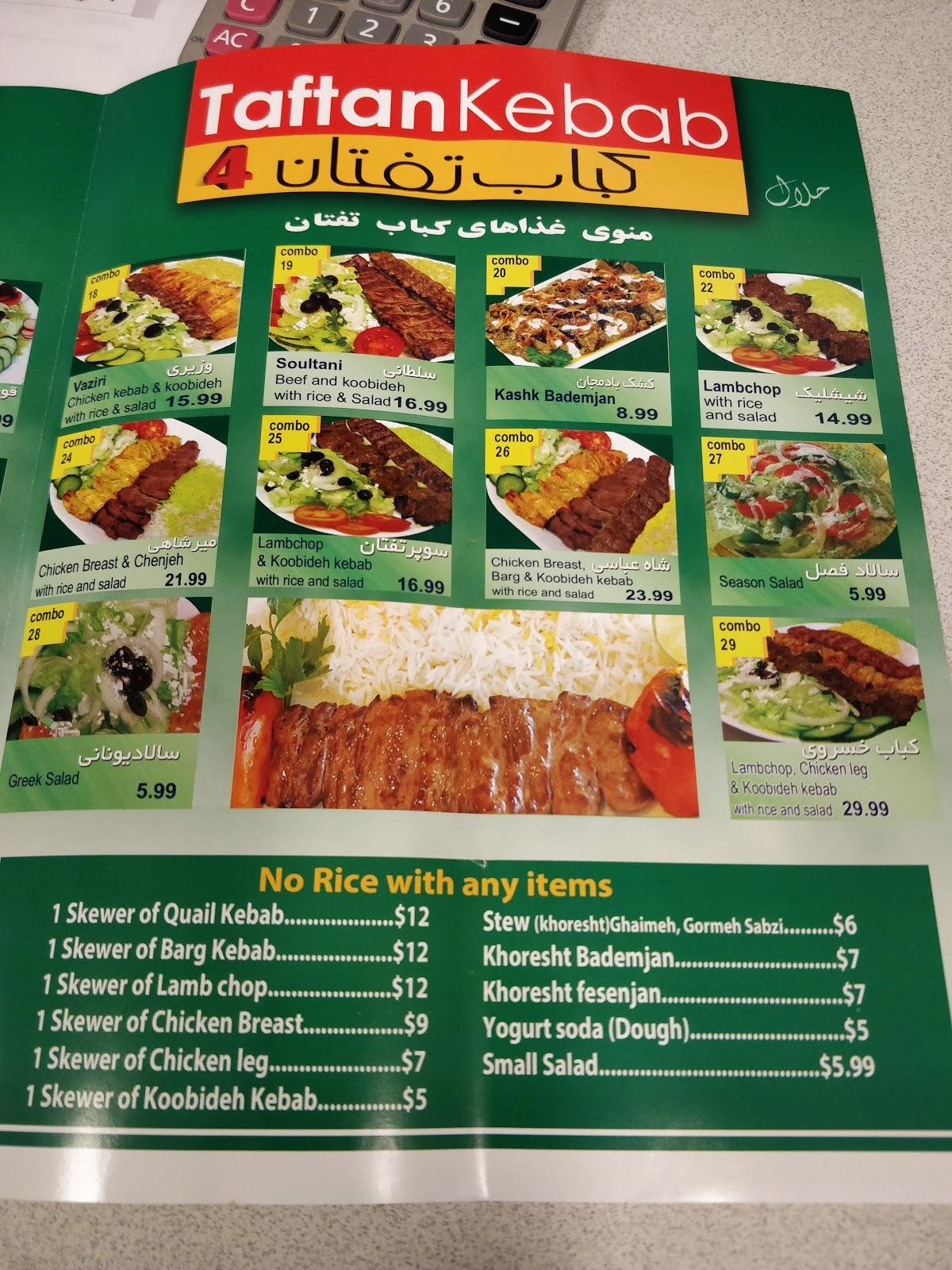 Menu at Taftan Kebab restaurant, Newmarket