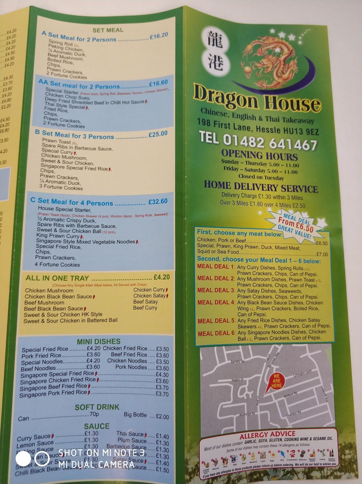 Menu at Dragon House restaurant, Hessle