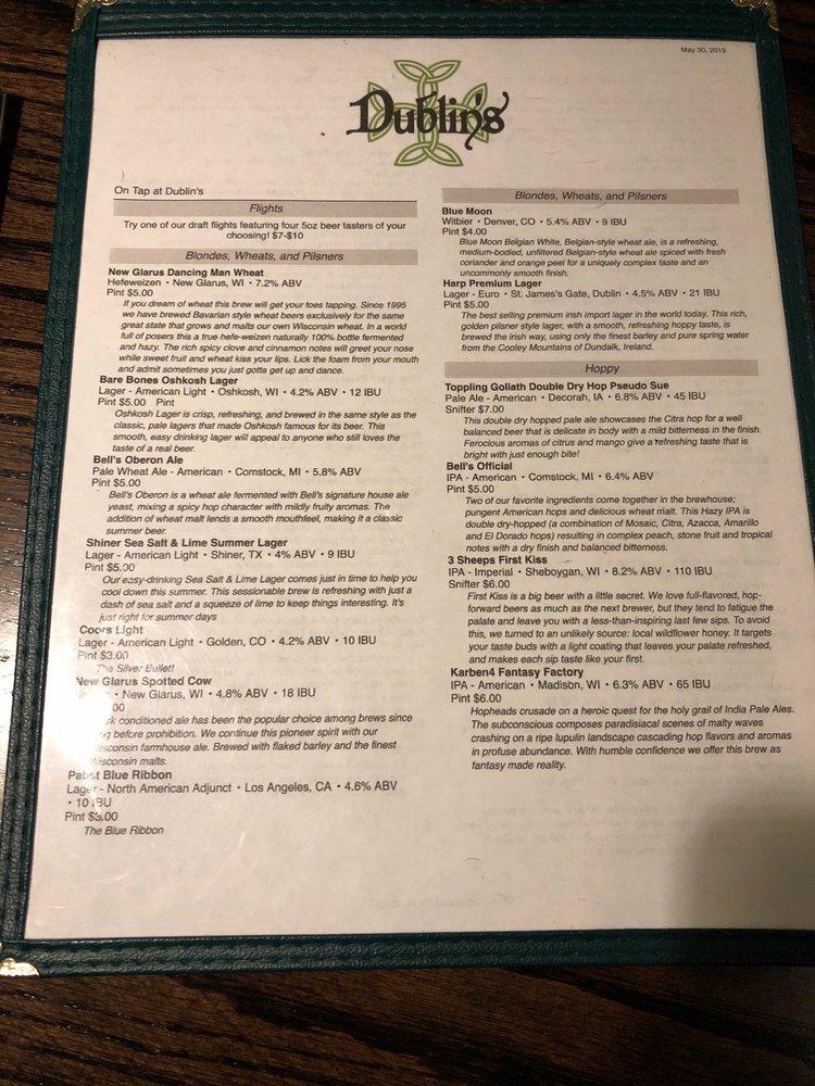 Menu at Dublin's Irish Pub, Oshkosh