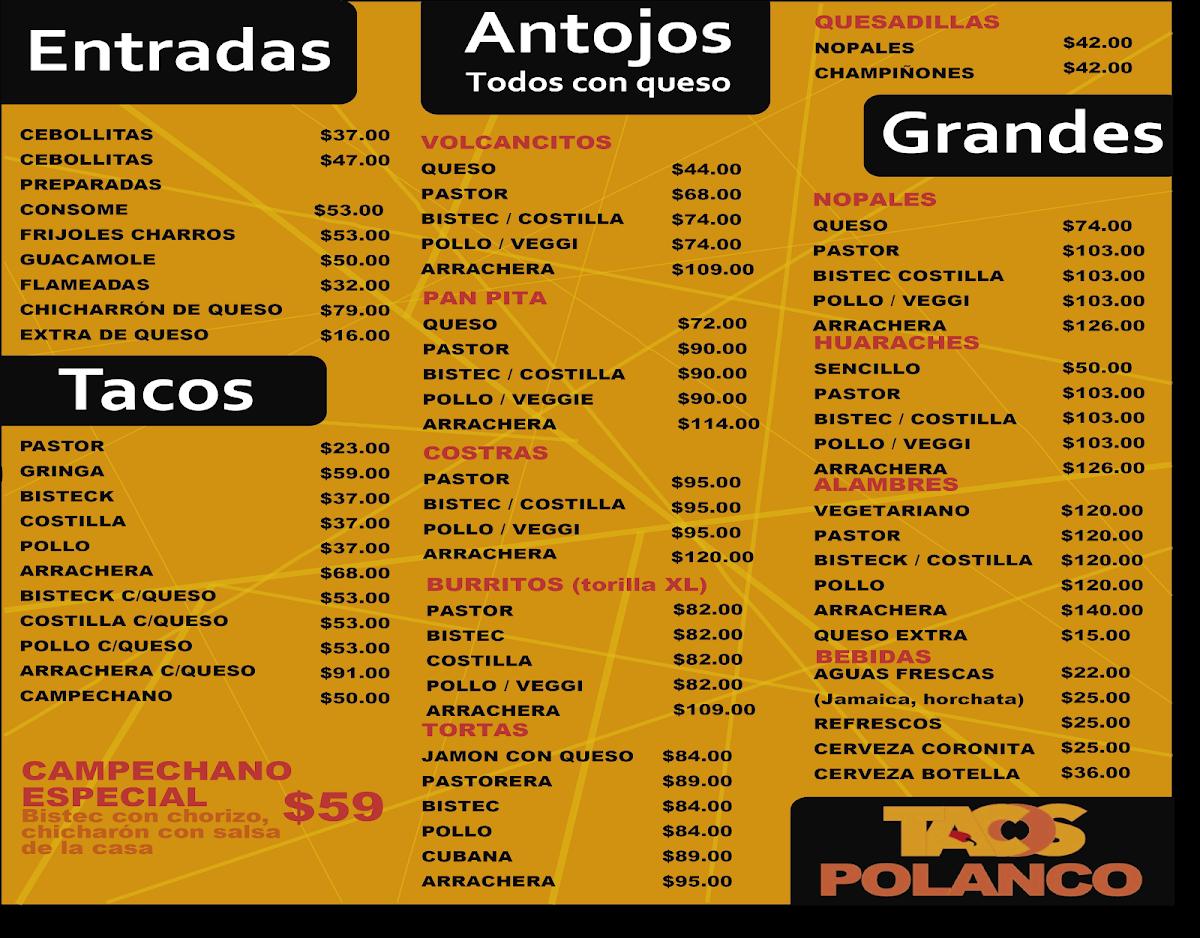 Menu at Tacos Polanco restaurant, Ciudad López Mateos