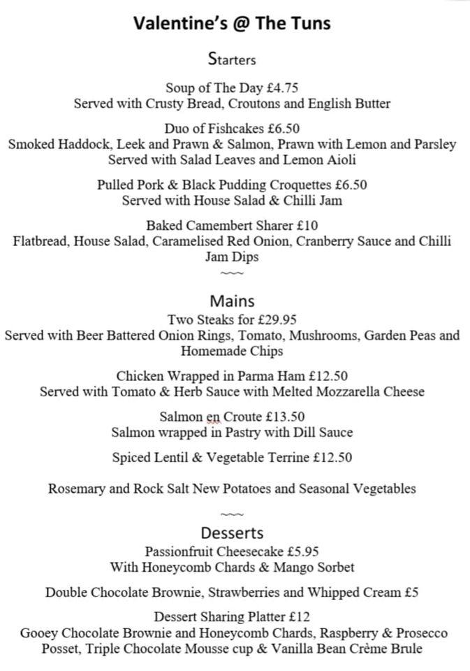 Menu at The Three Tuns restaurant, Eggleston