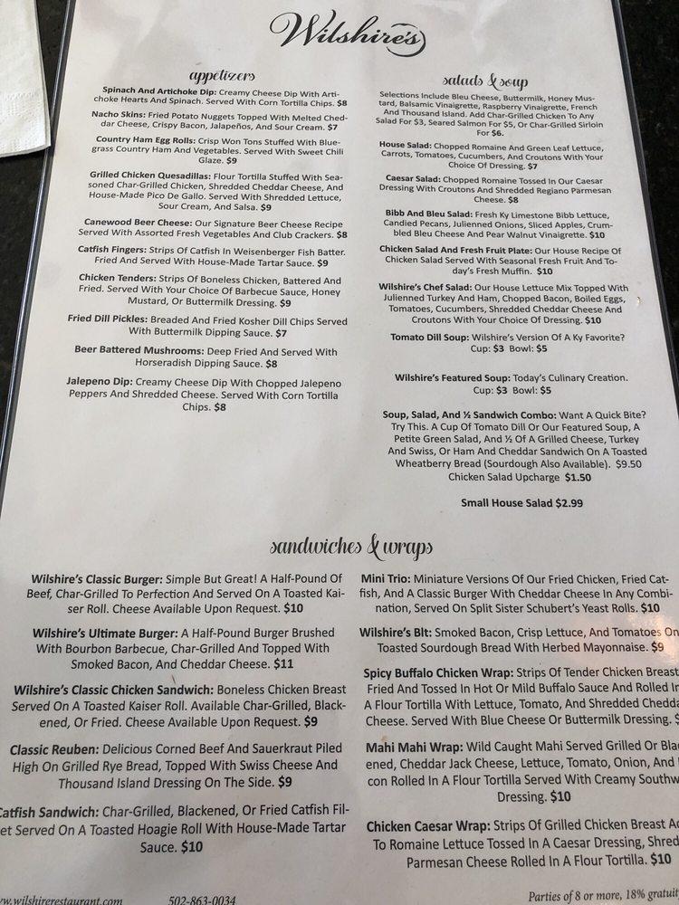 Menu at Wilshire's Restaurant and Events, Georgetown