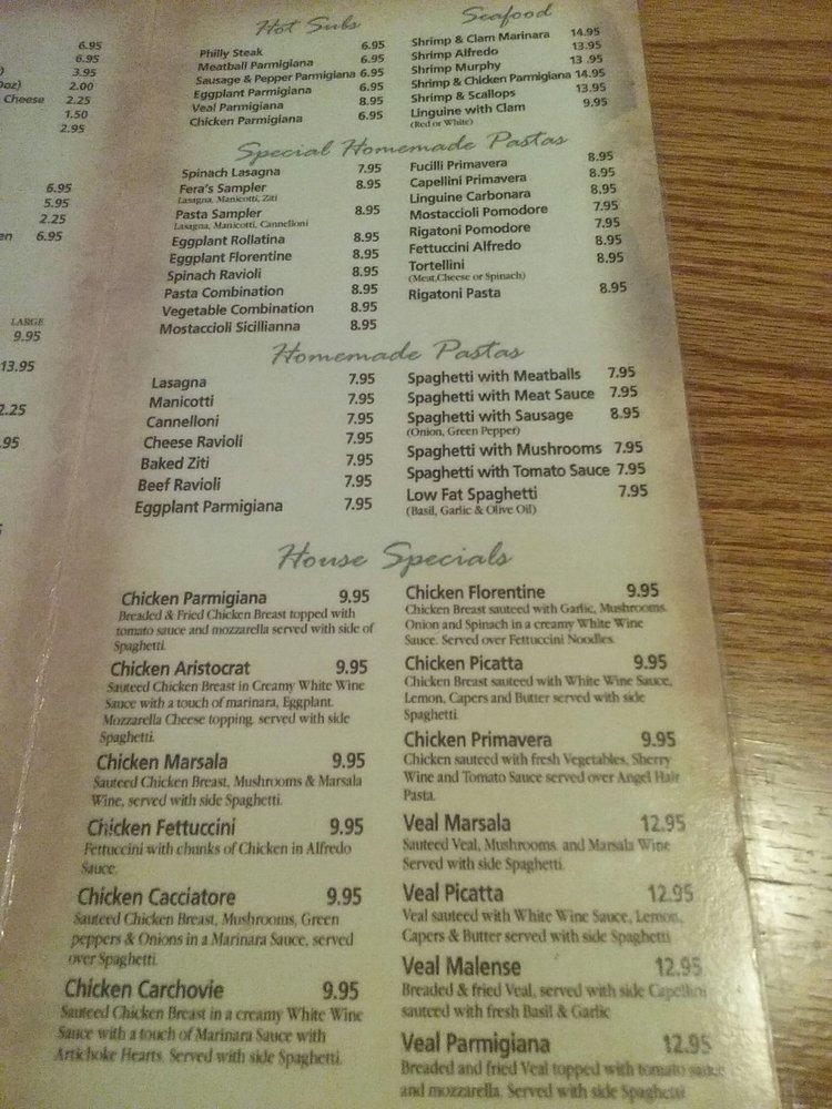 Menu at Fera's Pasta & Pizza pizzeria, Denton