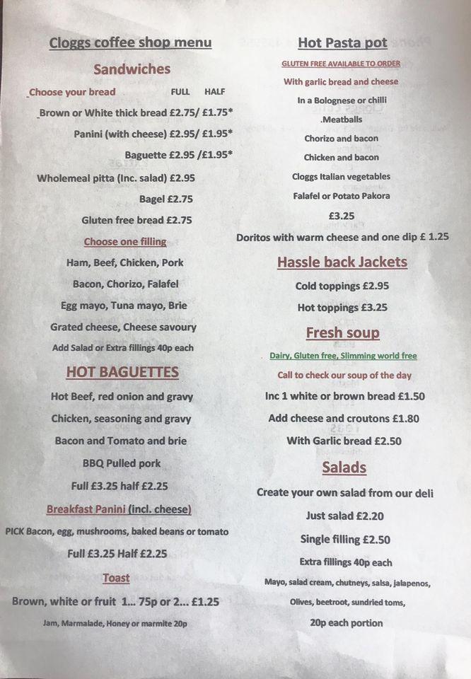 Menu at Cloggs Coffee Shop cafe, Dewsbury