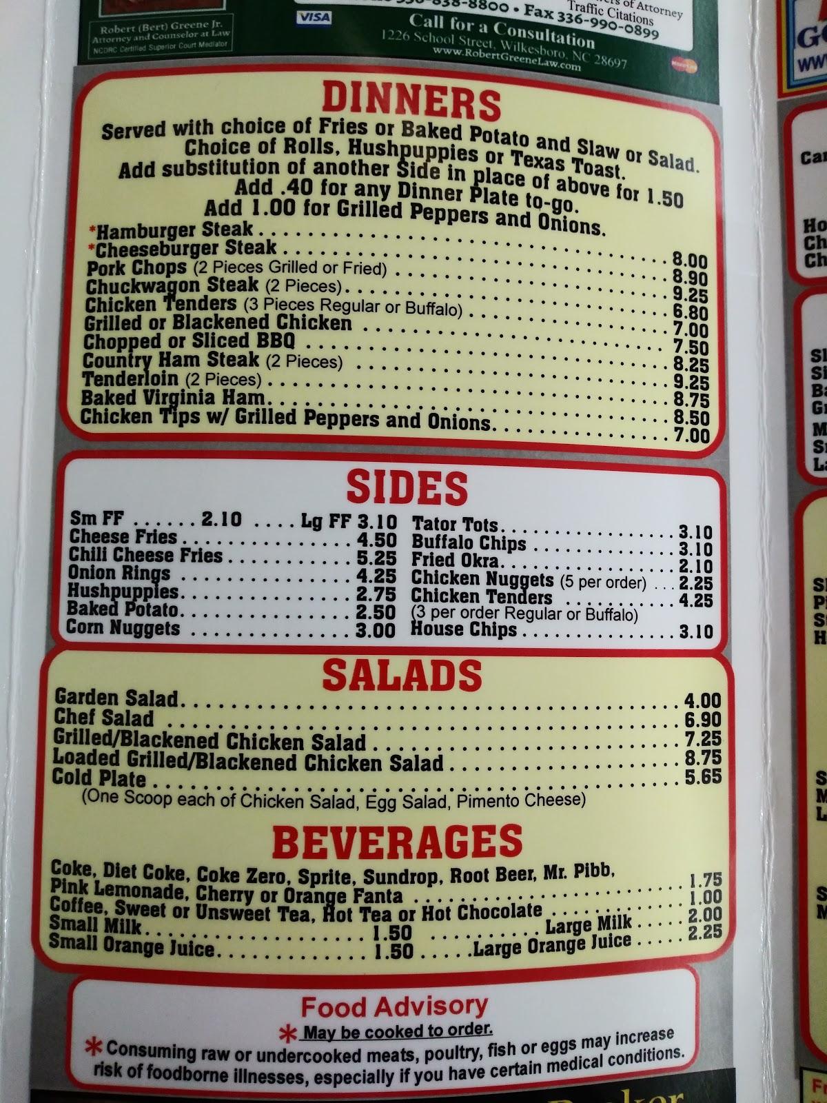 Menu at Glenn's restaurant, Wilkesboro