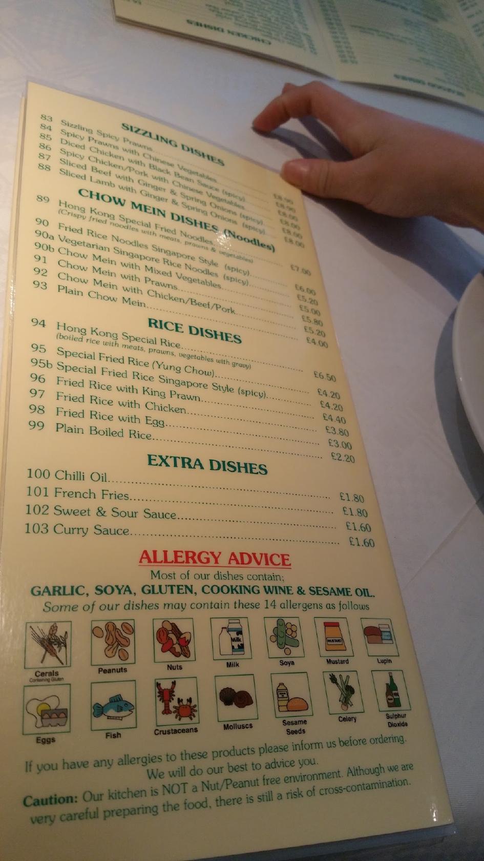 Menu at Hong Kong restaurant, Windsor