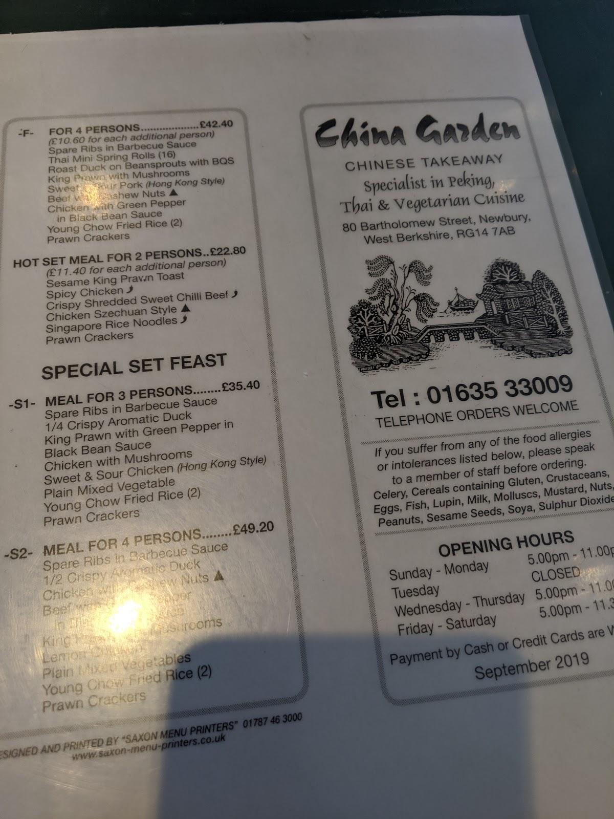 Menu at China Garden fast food, Newbury, 80 Bartholomew St