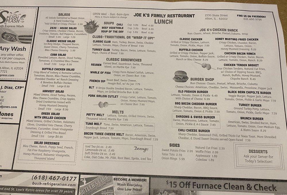 Menu at Joe K's Restaurant, Alton, State St