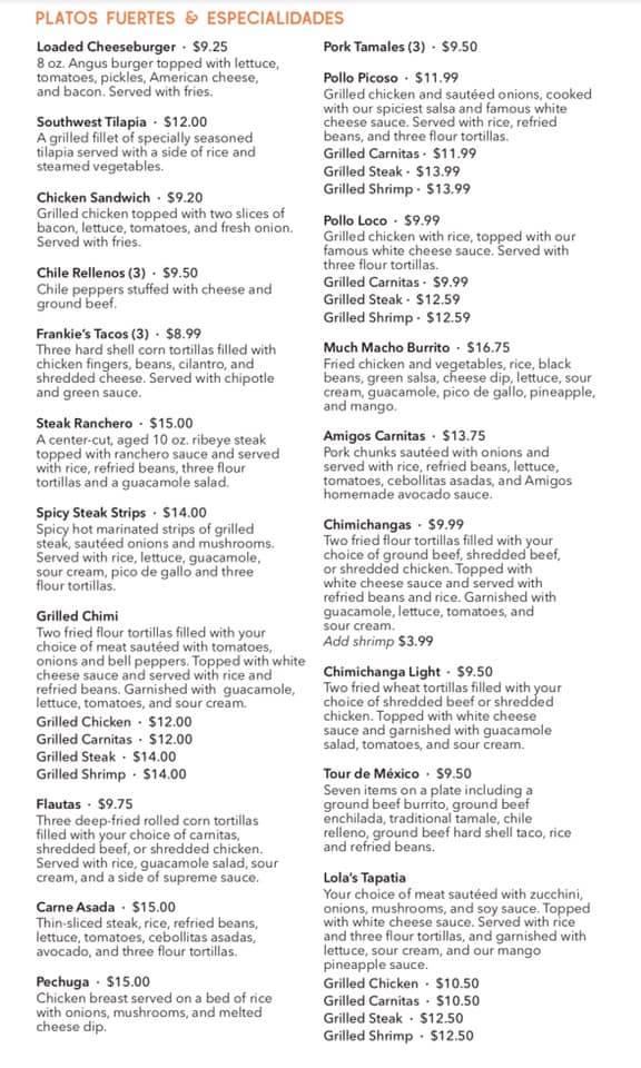 Menu at Amigos at Peerless Mill restaurant, Rossville