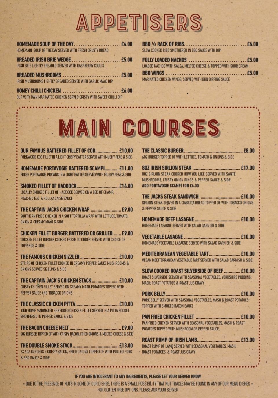 Menu at Captain Jack's / Jack's Bistro pizzeria, Portaferry