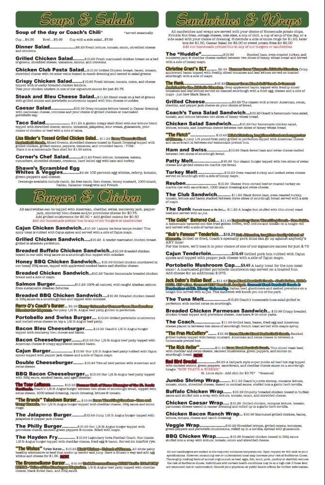 Menu at Coaches Corner pub & bar, Iowa City