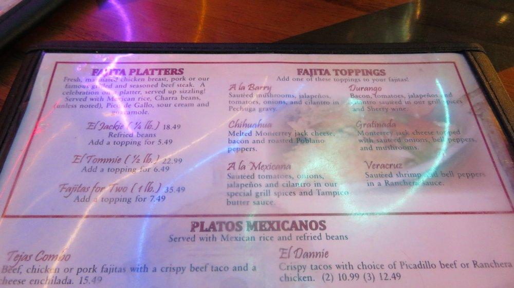 Menu at Ninfa's Mexican Restaurant, Waco