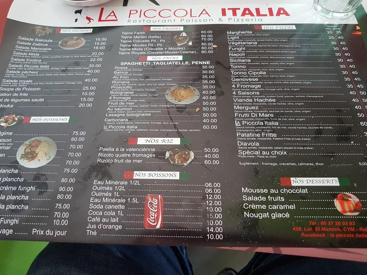 Menu at La Piccola Italia restaurant, Rabat